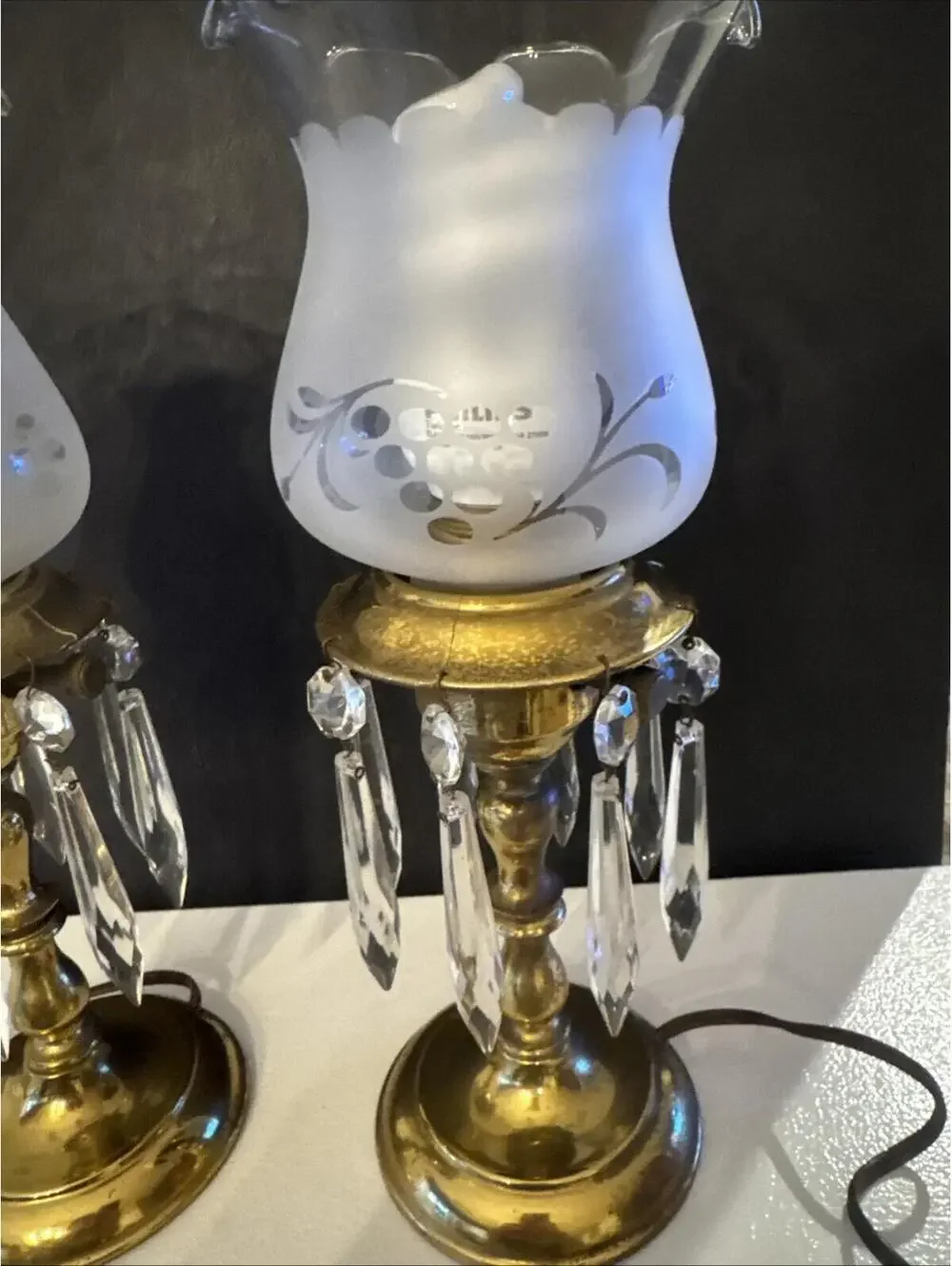 VTG MCM Pair of Electrified Boudoir Brass Hurricane Lamps With Hanging Crystals